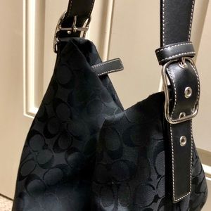 Coach Signature Canvas, Black Leather Bucket Bag.